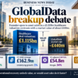 GlobalData breakup infographic comparing its historical £1.115 billion Healthcare valuation with its approximately £440 million market capitalisation, alongside share price, revenue, EBITDA and debt figures.