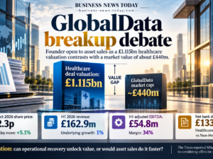 GlobalData breakup infographic comparing its historical £1.115 billion Healthcare valuation with its approximately £440 million market capitalisation, alongside share price, revenue, EBITDA and debt figures.