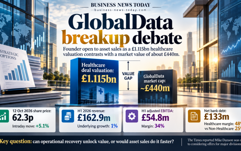GlobalData breakup infographic comparing its historical £1.115 billion Healthcare valuation with its approximately £440 million market capitalisation, alongside share price, revenue, EBITDA and debt figures.