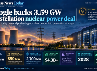 Infographic showing Google’s 3.59 GW power agreement with Constellation Energy, featuring a nuclear power plant, electricity transmission lines, a data centre, and key figures including 890 MW of new nuclear capacity, 2,700 MW of supply support, $4.3 billion in investment, 11 generating units, first capacity in 2028, and a 13% rise in Constellation shares.