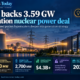 Infographic showing Google’s 3.59 GW power agreement with Constellation Energy, featuring a nuclear power plant, electricity transmission lines, a data centre, and key figures including 890 MW of new nuclear capacity, 2,700 MW of supply support, $4.3 billion in investment, 11 generating units, first capacity in 2028, and a 13% rise in Constellation shares.