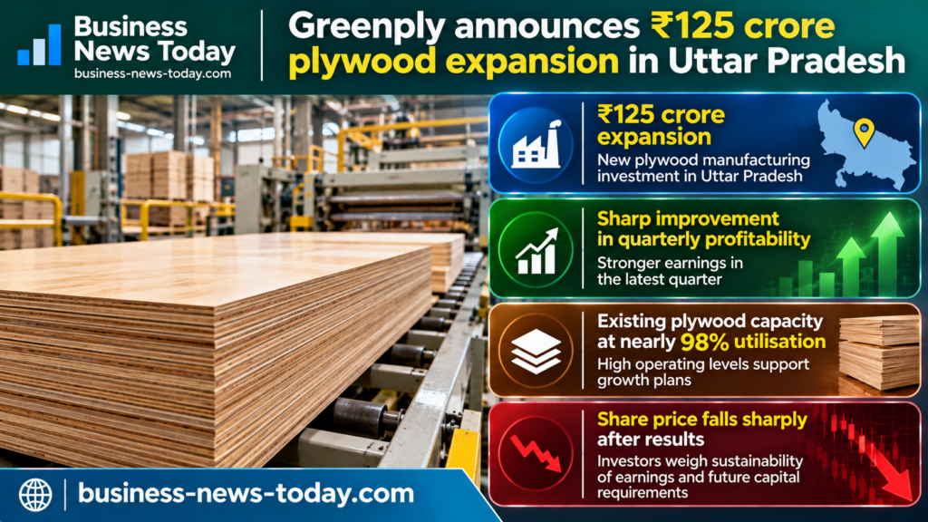 Infographic showing Greenply Industries Limited’s ₹125 crore plywood manufacturing expansion in Uttar Pradesh, highlighting nearly 98% capacity utilisation, improved quarterly profitability and a sharp post-results share-price decline.