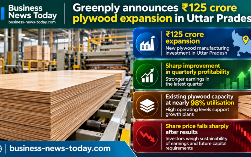 Infographic showing Greenply Industries Limited’s ₹125 crore plywood manufacturing expansion in Uttar Pradesh, highlighting nearly 98% capacity utilisation, improved quarterly profitability and a sharp post-results share-price decline.