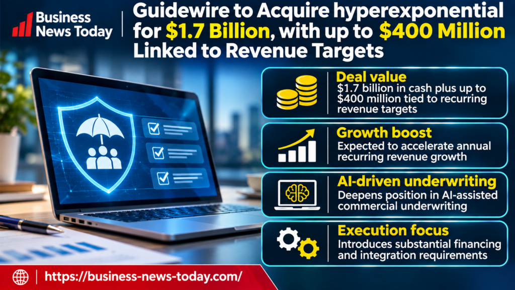 Infographic highlighting Guidewire’s agreement to acquire hyperexponential for $1.7 billion in cash plus up to $400 million tied to recurring revenue targets, alongside AI-assisted insurance underwriting opportunities and financing and integration challenges.