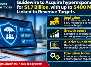 Infographic highlighting Guidewire’s agreement to acquire hyperexponential for $1.7 billion in cash plus up to $400 million tied to recurring revenue targets, alongside AI-assisted insurance underwriting opportunities and financing and integration challenges.