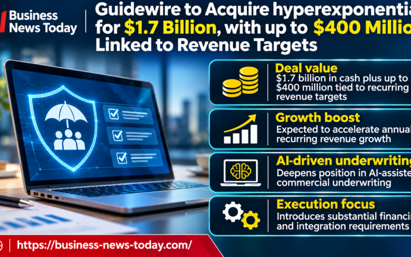 Infographic highlighting Guidewire’s agreement to acquire hyperexponential for $1.7 billion in cash plus up to $400 million tied to recurring revenue targets, alongside AI-assisted insurance underwriting opportunities and financing and integration challenges.