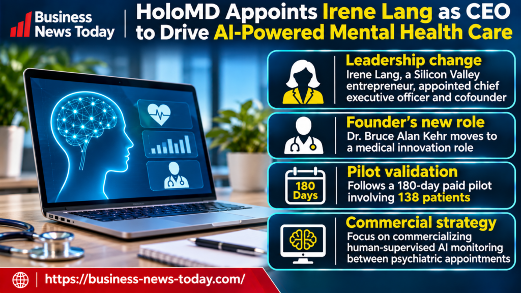 Infographic highlighting HoloMD's appointment of Irene Lang as CEO, Dr. Bruce Alan Kehr's transition to medical innovation, a 180-day paid pilot involving 138 patients and plans for human-supervised AI monitoring between psychiatric appointments.