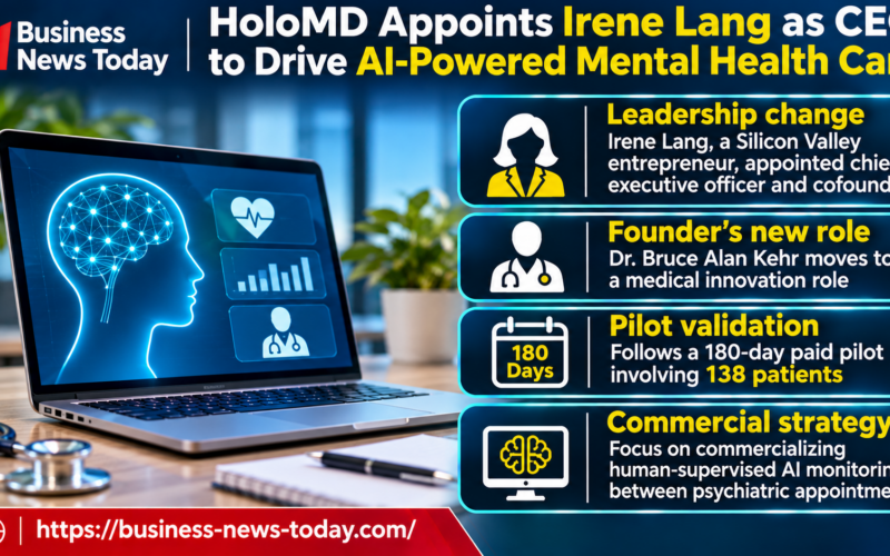 Infographic highlighting HoloMD's appointment of Irene Lang as CEO, Dr. Bruce Alan Kehr's transition to medical innovation, a 180-day paid pilot involving 138 patients and plans for human-supervised AI monitoring between psychiatric appointments.