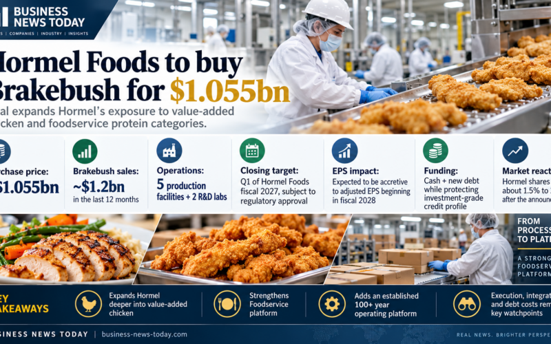 Hormel Foods infographic showing its approximately $1.055 billion acquisition of Brakebush Brothers, about $1.2 billion in trailing sales, five production facilities, expected fiscal 2027 closing and planned fiscal 2028 adjusted EPS accretion.