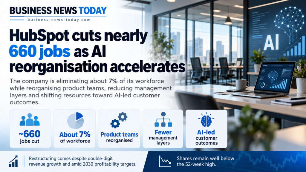 Infographic showing HubSpot cutting nearly 660 jobs, or about 7% of its workforce, while reorganising product teams, reducing management layers and shifting resources toward AI-led customer outcomes.