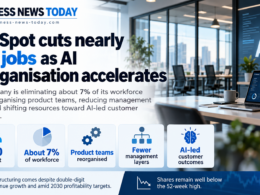 Infographic showing HubSpot cutting nearly 660 jobs, or about 7% of its workforce, while reorganising product teams, reducing management layers and shifting resources toward AI-led customer outcomes.