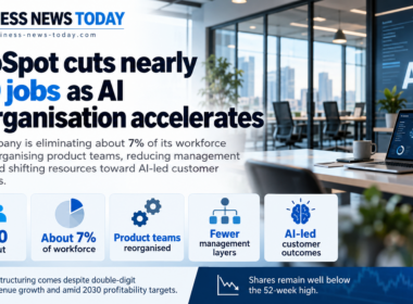 Infographic showing HubSpot cutting nearly 660 jobs, or about 7% of its workforce, while reorganising product teams, reducing management layers and shifting resources toward AI-led customer outcomes.