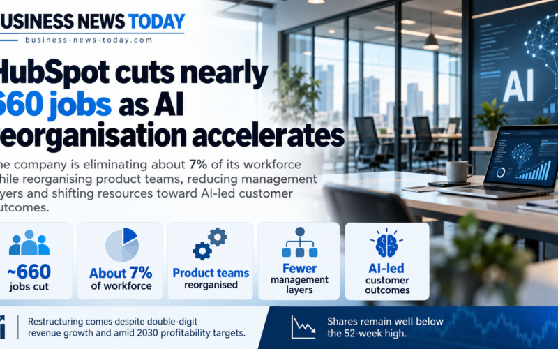 Infographic showing HubSpot cutting nearly 660 jobs, or about 7% of its workforce, while reorganising product teams, reducing management layers and shifting resources toward AI-led customer outcomes.