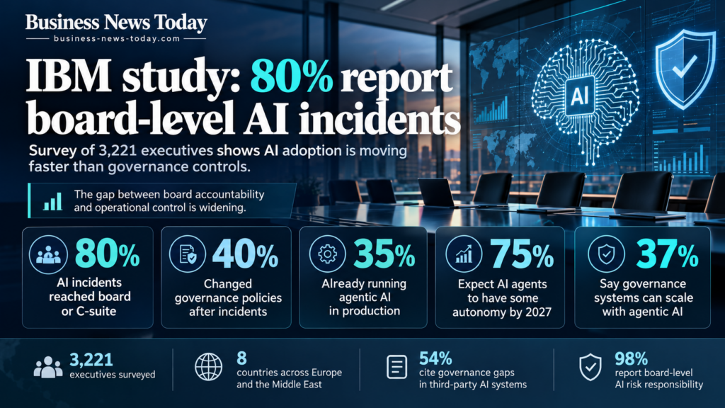 Editorial infographic showing IBM’s AI governance survey findings, with a boardroom background and key statistics including 80% of executives reporting board-level AI incidents, 40% changing governance policies, 35% already using agentic AI in production, 75% expecting some AI autonomy by 2027, and 37% saying governance systems can scale.