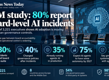 Editorial infographic showing IBM’s AI governance survey findings, with a boardroom background and key statistics including 80% of executives reporting board-level AI incidents, 40% changing governance policies, 35% already using agentic AI in production, 75% expecting some AI autonomy by 2027, and 37% saying governance systems can scale.