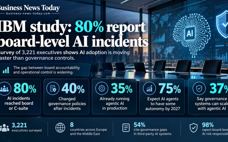 Editorial infographic showing IBM’s AI governance survey findings, with a boardroom background and key statistics including 80% of executives reporting board-level AI incidents, 40% changing governance policies, 35% already using agentic AI in production, 75% expecting some AI autonomy by 2027, and 37% saying governance systems can scale.