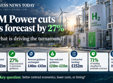 ITM Power green hydrogen infographic showing an industrial electrolyser facility, a 27% reduction in forecast adjusted EBITDA loss to £20 million–£21 million, £152 million order backlog and unchanged revenue and cash guidance.