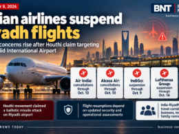 Business News Today infographic showing an aircraft at Riyadh airport, with flight suspension dates for Air India, IndiGo, Akasa Air and Lufthansa Group following Houthi security threats.