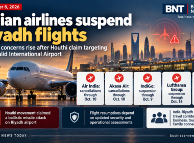 Business News Today infographic showing an aircraft at Riyadh airport, with flight suspension dates for Air India, IndiGo, Akasa Air and Lufthansa Group following Houthi security threats.