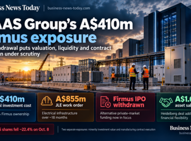 MAAS Group infographic showing an AI data centre construction site, A$410 million Firmus investment, A$855 million JLE electrical infrastructure order, withdrawn Firmus IPO and A$1.61 billion asset sale.