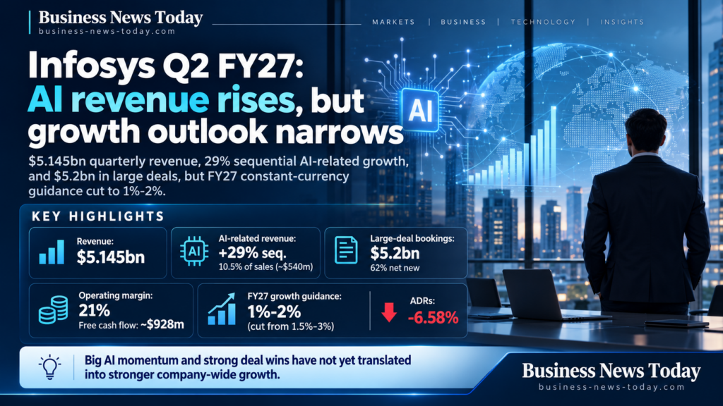 Editorial infographic on Infosys Q2 FY27 results showing $5.145 billion quarterly revenue, 29% sequential AI-related revenue growth, $5.2 billion in large-deal bookings, a 21% operating margin, and FY27 growth guidance cut to 1%-2%, set against a blue-toned office and AI-themed background.