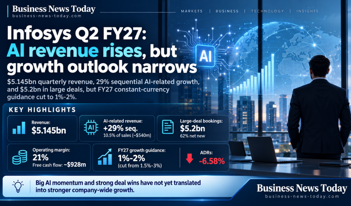Editorial infographic on Infosys Q2 FY27 results showing $5.145 billion quarterly revenue, 29% sequential AI-related revenue growth, $5.2 billion in large-deal bookings, a 21% operating margin, and FY27 growth guidance cut to 1%-2%, set against a blue-toned office and AI-themed background.