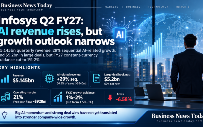 Editorial infographic on Infosys Q2 FY27 results showing $5.145 billion quarterly revenue, 29% sequential AI-related revenue growth, $5.2 billion in large-deal bookings, a 21% operating margin, and FY27 growth guidance cut to 1%-2%, set against a blue-toned office and AI-themed background.