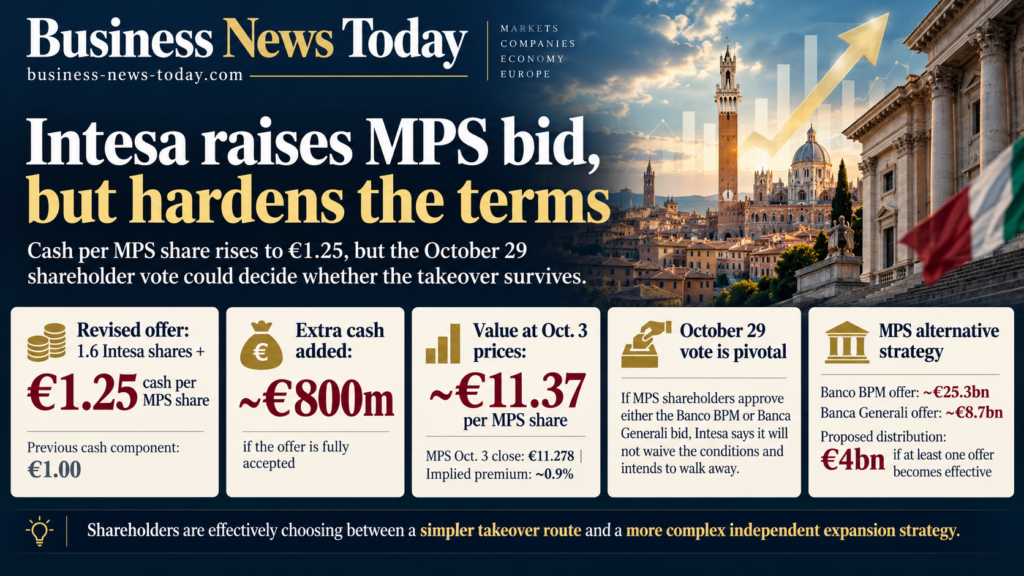 Editorial infographic on Intesa Sanpaolo’s revised takeover offer for Banca Monte dei Paschi di Siena, highlighting the €1.25 cash component, roughly €800 million in additional cash, an implied offer value of about €11.37 per MPS share and the pivotal October 29 shareholder vote.