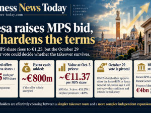 Editorial infographic on Intesa Sanpaolo’s revised takeover offer for Banca Monte dei Paschi di Siena, highlighting the €1.25 cash component, roughly €800 million in additional cash, an implied offer value of about €11.37 per MPS share and the pivotal October 29 shareholder vote.