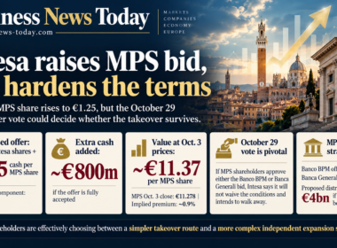 Editorial infographic on Intesa Sanpaolo’s revised takeover offer for Banca Monte dei Paschi di Siena, highlighting the €1.25 cash component, roughly €800 million in additional cash, an implied offer value of about €11.37 per MPS share and the pivotal October 29 shareholder vote.