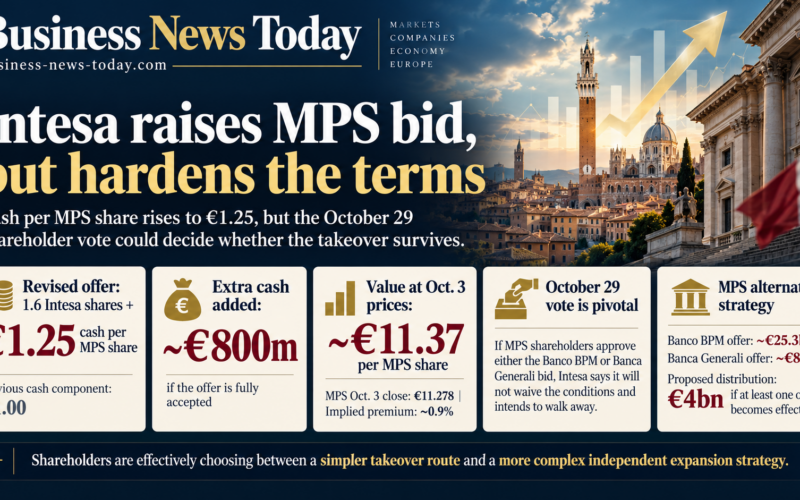 Editorial infographic on Intesa Sanpaolo’s revised takeover offer for Banca Monte dei Paschi di Siena, highlighting the €1.25 cash component, roughly €800 million in additional cash, an implied offer value of about €11.37 per MPS share and the pivotal October 29 shareholder vote.
