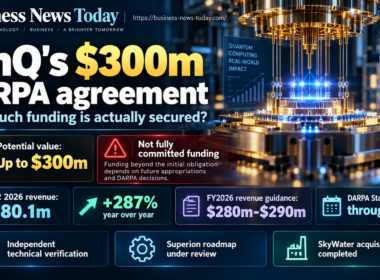 IonQ quantum computing infographic showing a futuristic quantum processor, an up-to-$300 million DARPA Stage C agreement, $80.1 million quarterly revenue, 287% annual growth and independent technical testing through 2029.