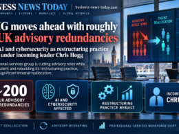 Editorial infographic showing KPMG’s UK advisory restructuring, with a London office setting, workforce reduction graphics and talent reallocation panels highlighting roughly 200 redundancies, affected artificial intelligence and cybersecurity roles, and the rebuilding of the restructuring practice under incoming leader Chris Hogg.