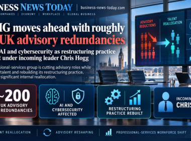 Editorial infographic showing KPMG’s UK advisory restructuring, with a London office setting, workforce reduction graphics and talent reallocation panels highlighting roughly 200 redundancies, affected artificial intelligence and cybersecurity roles, and the rebuilding of the restructuring practice under incoming leader Chris Hogg.