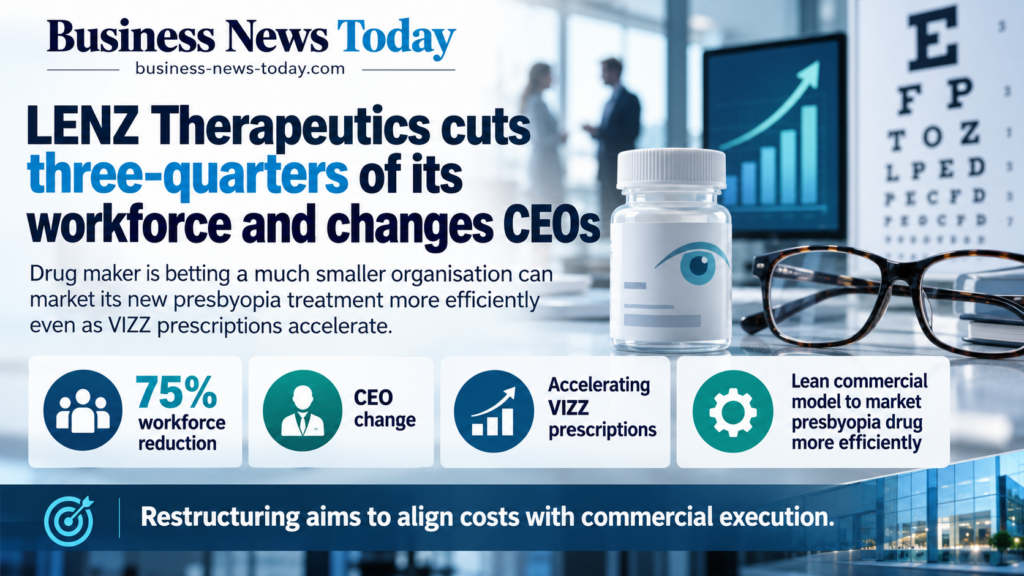 Infographic showing LENZ Therapeutics cutting 75% of its workforce and changing chief executives, while highlighting accelerating VIZZ prescriptions and the company’s push to market its new presbyopia drug through a leaner commercial model.