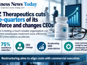 Infographic showing LENZ Therapeutics cutting 75% of its workforce and changing chief executives, while highlighting accelerating VIZZ prescriptions and the company’s push to market its new presbyopia drug through a leaner commercial model.
