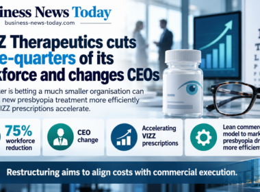 Infographic showing LENZ Therapeutics cutting 75% of its workforce and changing chief executives, while highlighting accelerating VIZZ prescriptions and the company’s push to market its new presbyopia drug through a leaner commercial model.