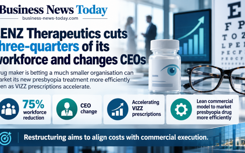 Infographic showing LENZ Therapeutics cutting 75% of its workforce and changing chief executives, while highlighting accelerating VIZZ prescriptions and the company’s push to market its new presbyopia drug through a leaner commercial model.