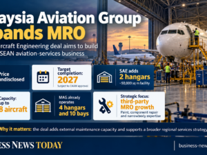 Infographic showing Malaysia Aviation Group’s planned acquisition of Sepang Aircraft Engineering, highlighting an undisclosed price, 2027 target completion, two added hangars with about 50,000 square metres of space, capacity for up to eight aircraft, and a strategy focused on third-party MRO growth.