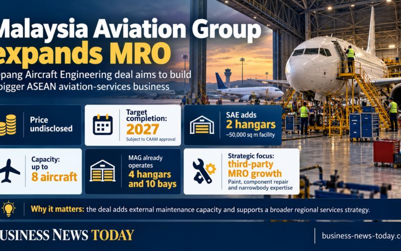 Infographic showing Malaysia Aviation Group’s planned acquisition of Sepang Aircraft Engineering, highlighting an undisclosed price, 2027 target completion, two added hangars with about 50,000 square metres of space, capacity for up to eight aircraft, and a strategy focused on third-party MRO growth.