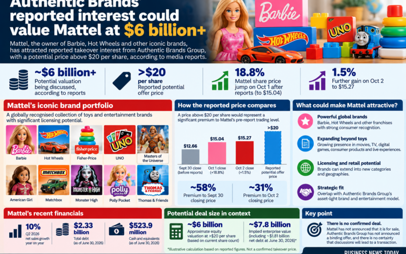 Business News Today infographic showing reported Authentic Brands Group takeover interest in Mattel, including a potential offer above $20 per share, an estimated valuation of around $6 billion or more, and Mattel’s 18.8% share-price jump after the reports.