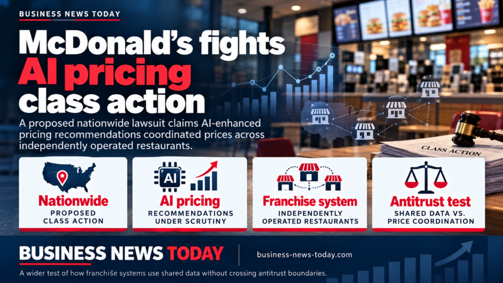 Editorial infographic about McDonald’s challenging a proposed nationwide class action over AI-enhanced pricing recommendations, showing a restaurant-style background, legal imagery, and key highlights on franchise systems, antitrust scrutiny and shared data concerns.
