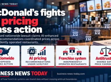 Editorial infographic about McDonald’s challenging a proposed nationwide class action over AI-enhanced pricing recommendations, showing a restaurant-style background, legal imagery, and key highlights on franchise systems, antitrust scrutiny and shared data concerns.
