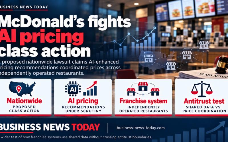 Editorial infographic about McDonald’s challenging a proposed nationwide class action over AI-enhanced pricing recommendations, showing a restaurant-style background, legal imagery, and key highlights on franchise systems, antitrust scrutiny and shared data concerns.