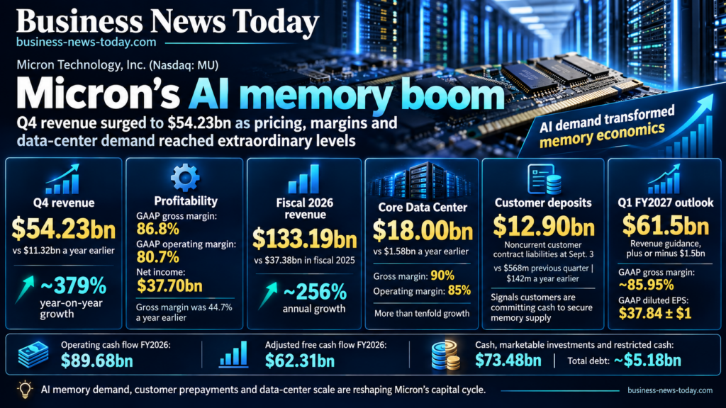 Editorial infographic on Micron Technology, Inc.’s fiscal fourth-quarter 2026 results, highlighting $54.23 billion revenue, 86.8% GAAP gross margin, $18.00 billion Core Data Center revenue, $12.90 billion in customer contract liabilities and $61.5 billion first-quarter fiscal 2027 revenue guidance.