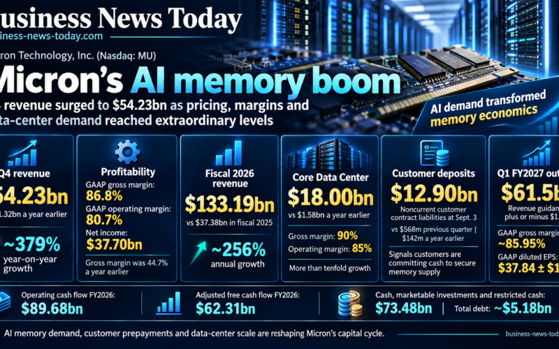 Editorial infographic on Micron Technology, Inc.’s fiscal fourth-quarter 2026 results, highlighting $54.23 billion revenue, 86.8% GAAP gross margin, $18.00 billion Core Data Center revenue, $12.90 billion in customer contract liabilities and $61.5 billion first-quarter fiscal 2027 revenue guidance.
