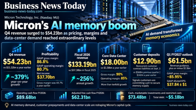 Editorial infographic on Micron Technology, Inc.’s fiscal fourth-quarter 2026 results, highlighting $54.23 billion revenue, 86.8% GAAP gross margin, $18.00 billion Core Data Center revenue, $12.90 billion in customer contract liabilities and $61.5 billion first-quarter fiscal 2027 revenue guidance.