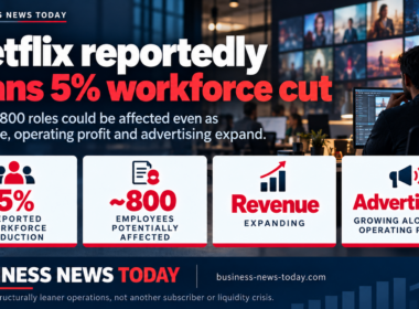 Editorial infographic about Netflix’s reported plan to cut 5% of its workforce, showing about 800 potentially affected employees alongside highlights that revenue, operating profit and advertising are expanding, with Business News Today branding and a streaming-office background.