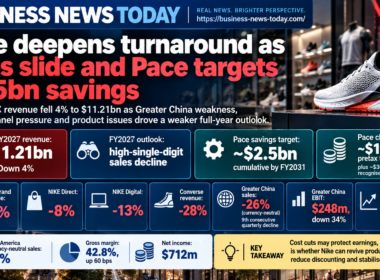 Business News Today infographic showing Nike’s fiscal first-quarter 2027 revenue decline, including $11.21 billion in revenue, a high-single-digit full-year sales decline outlook, $2.5 billion of targeted Pace savings and sharp weakness in Greater China, digital and direct sales.