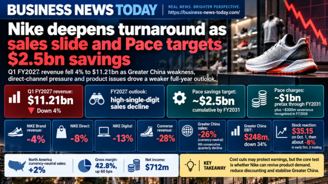 Business News Today infographic showing Nike’s fiscal first-quarter 2027 revenue decline, including $11.21 billion in revenue, a high-single-digit full-year sales decline outlook, $2.5 billion of targeted Pace savings and sharp weakness in Greater China, digital and direct sales.